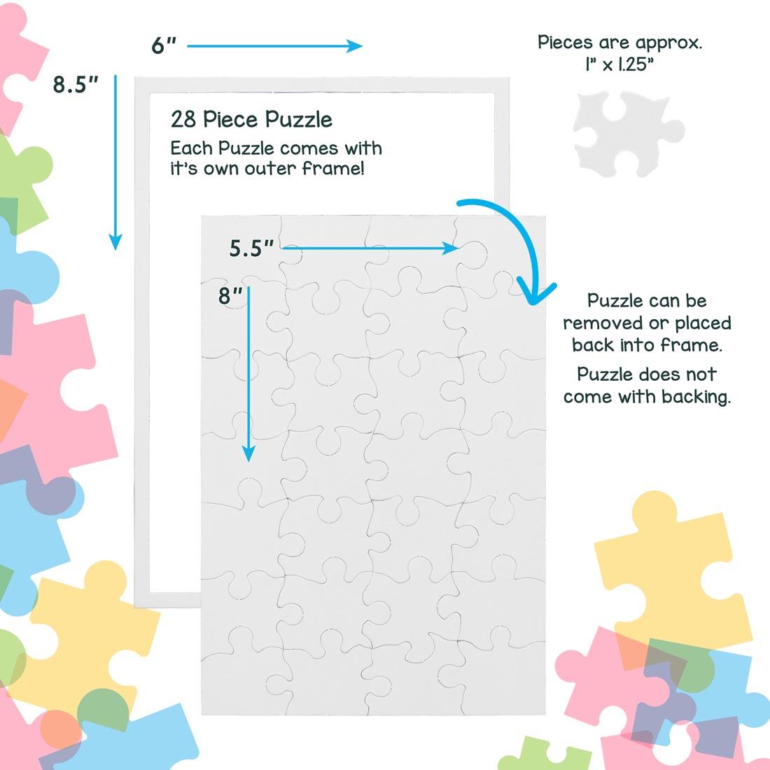 White, blank, 28-piece rectangle puzzle showing completed puzzle with measurements and approximate piece size