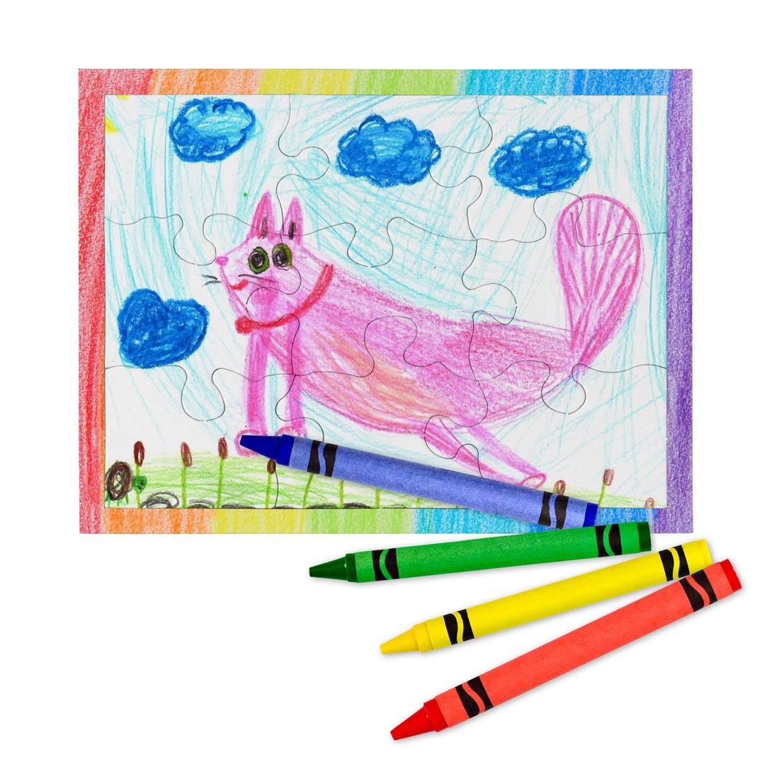 Blank Compoz-A-Puzzle 9-Piece Small Rectangle, colored with crayons, showing a picture of an animal, with 4 crayons