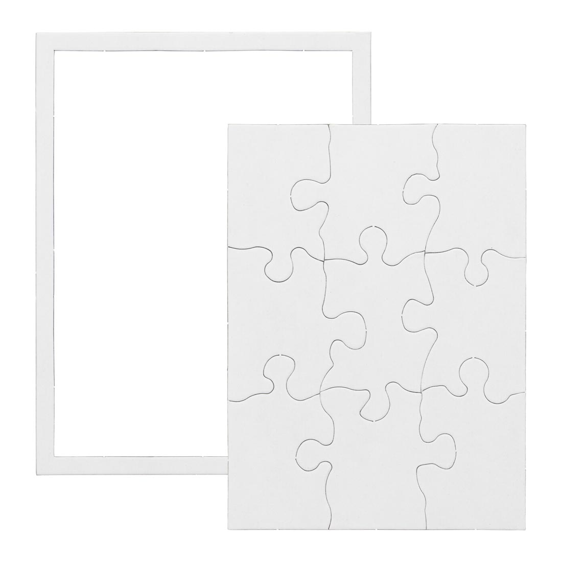 White, blank 9-piece rectangle puzzle showing puzzle completed, with white frame behind