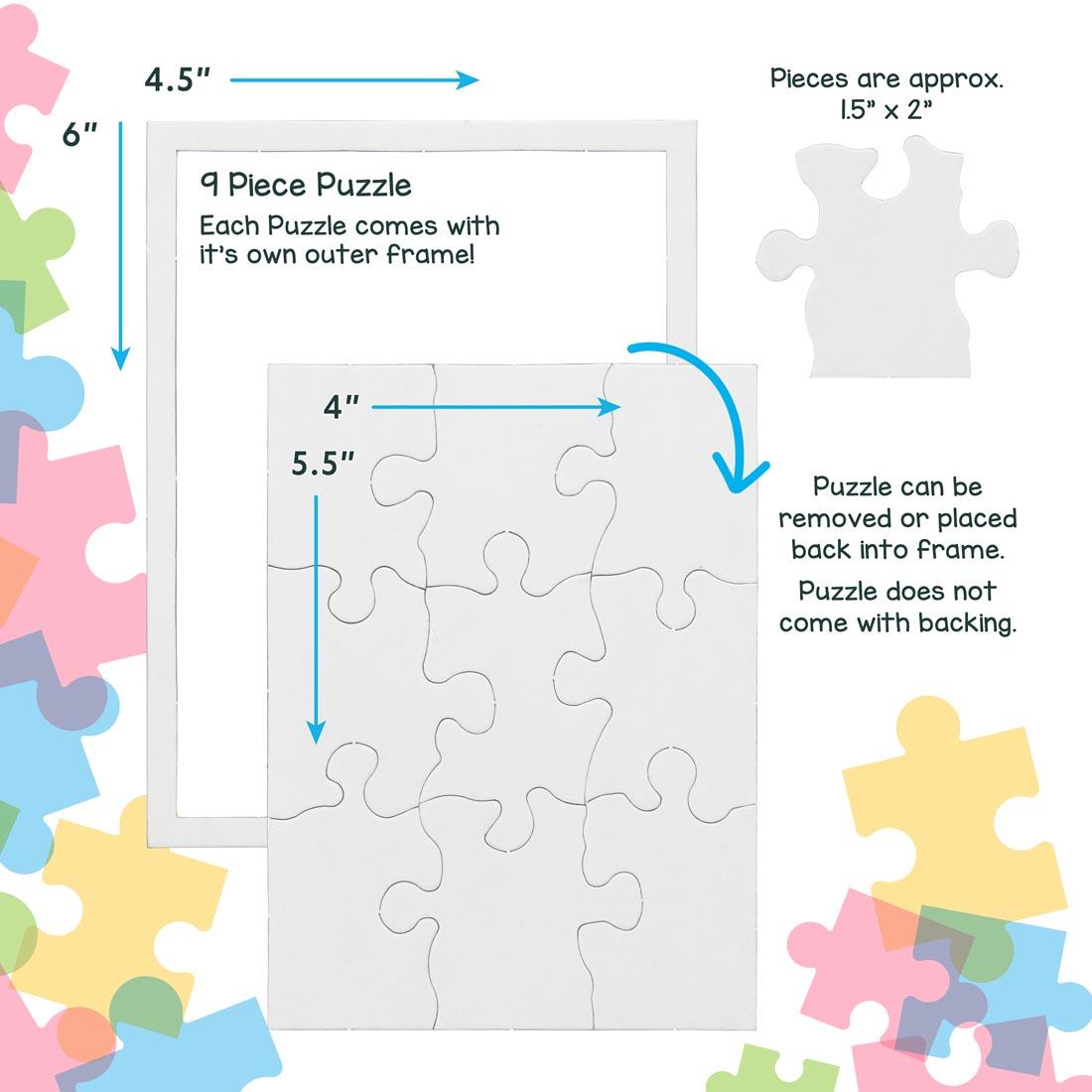 White, blank, 9-piece rectangular puzzle, showing completed puzzle and frame, with measurements and approximate piece size