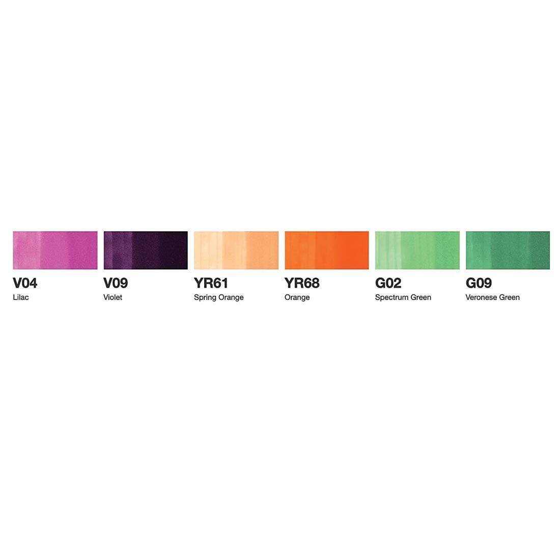 color swatches from the COPIC Sketch Markers 6-Color Secondary Tones Set include V04 Lilac, V09 Violet, YR61 Spring Orange, YR68 Orange, G02 Spectrum Green and G09 Veronese Green