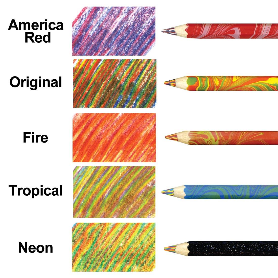 Koh-I-Noor Magic FX Pencils 5-Count Set coloring samples of America Red, Original, Fire, Tropical and Neon