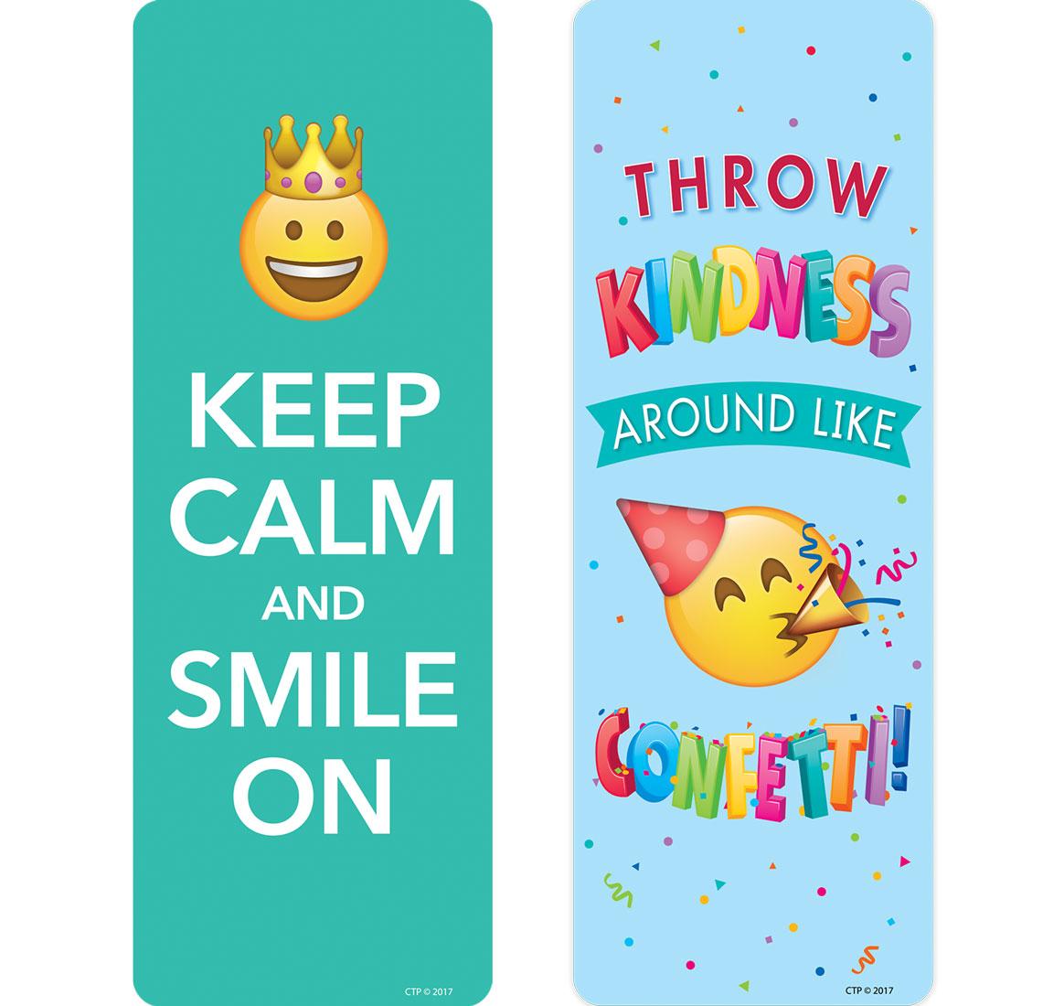 Emoji Fun Motivational Quotes Bookmarks include Keep Calm and Smile On and Throw Kindness Around Like Confetti