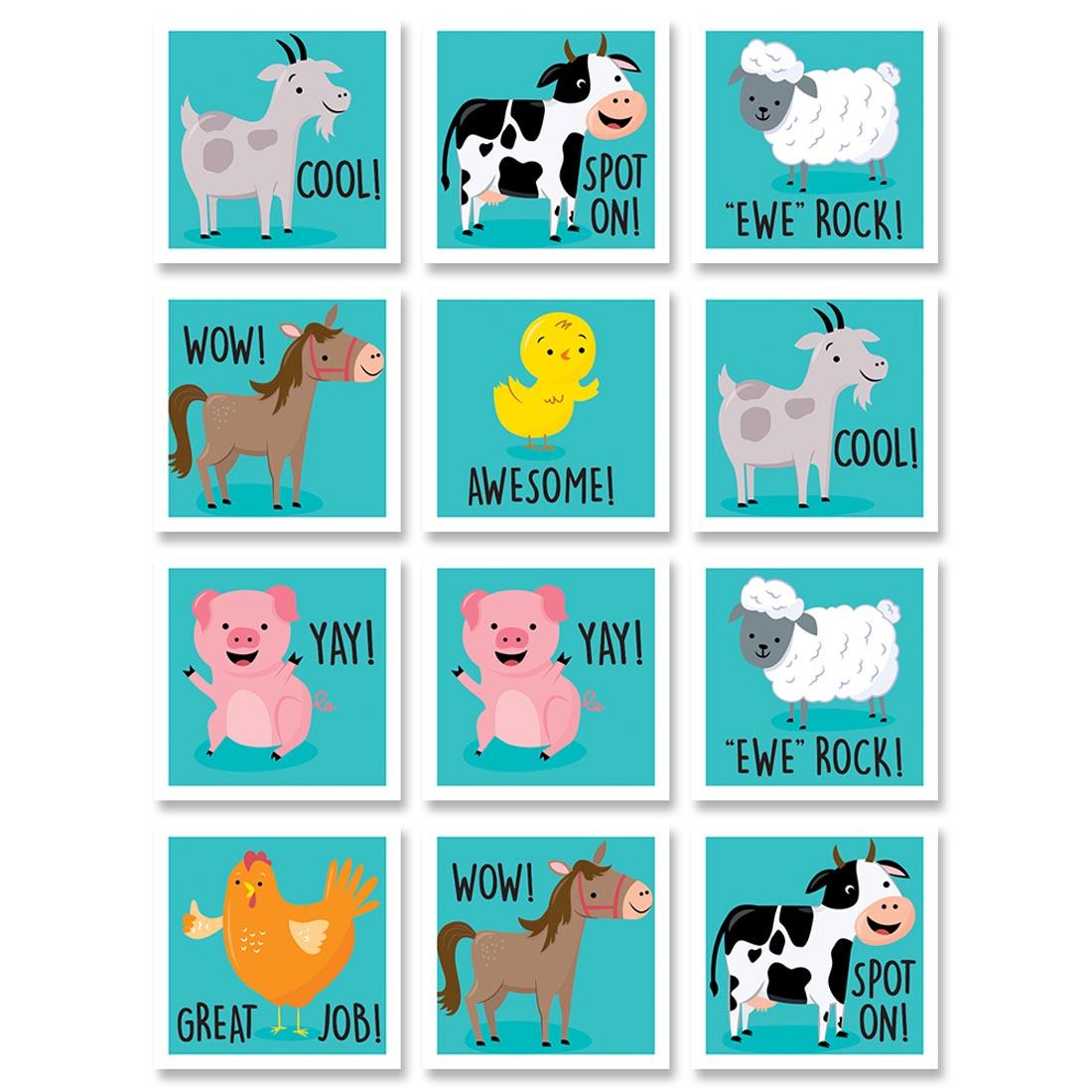 Farm Friends Rewards Stickers say things like Cool!, Spot On! and "Ewe" Rock!