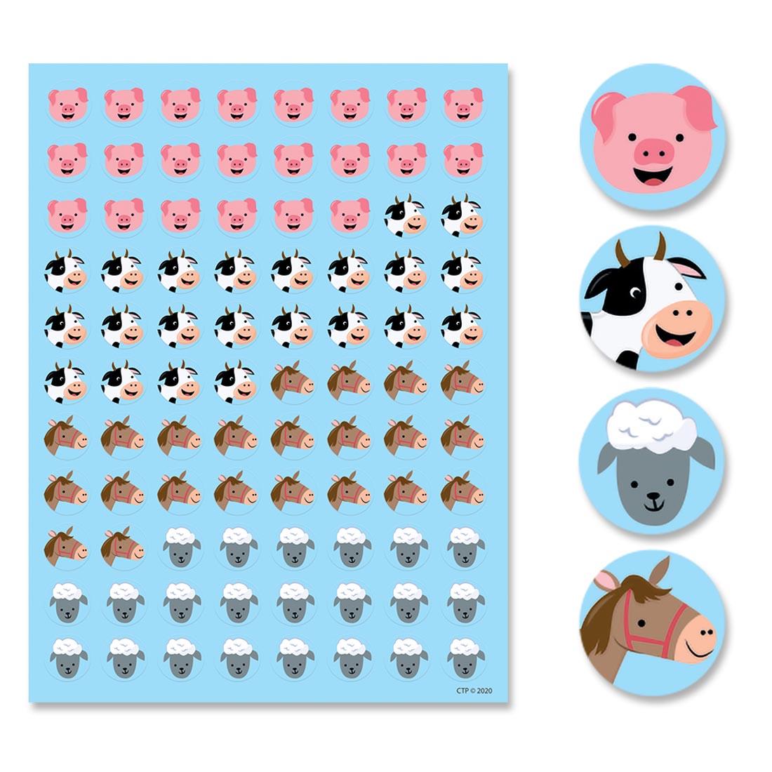 Sheet of Farm Friends Hot Spots Stickers beside Close-Ups of Pig, Cow, Sheep and Horse Stickers