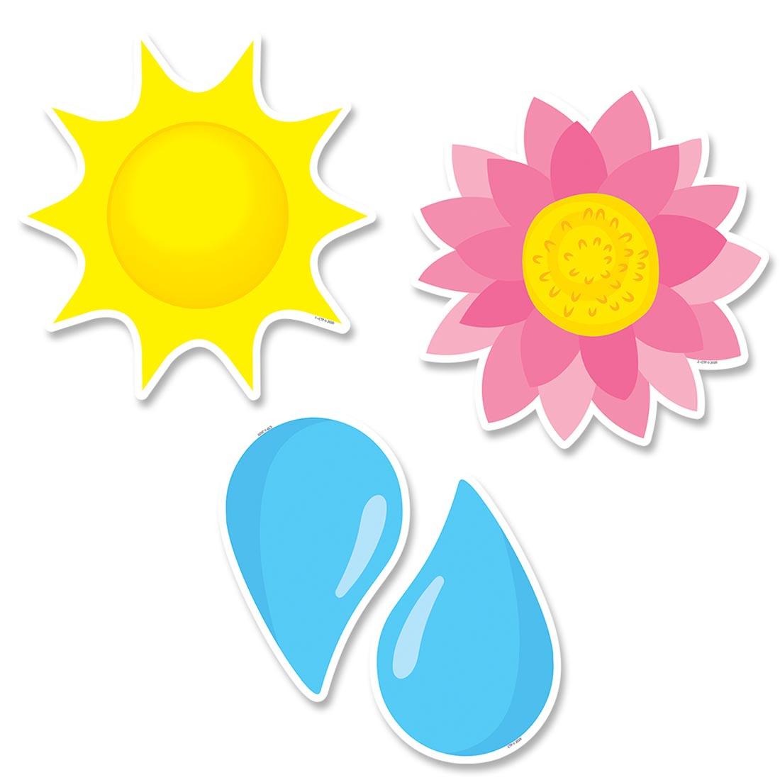 Farm Friends Sunny Blooms Designer Cut-Outs include Sun, Flower and Raindrops