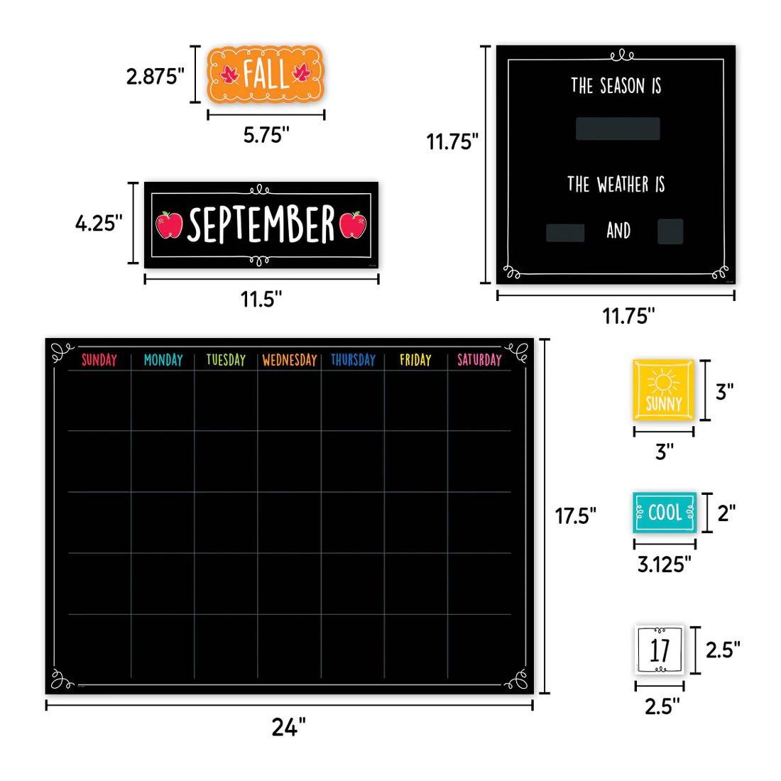 Pieces of Doodle Calendar Bulletin Board Set By Creative Teaching Press with dimensions shown