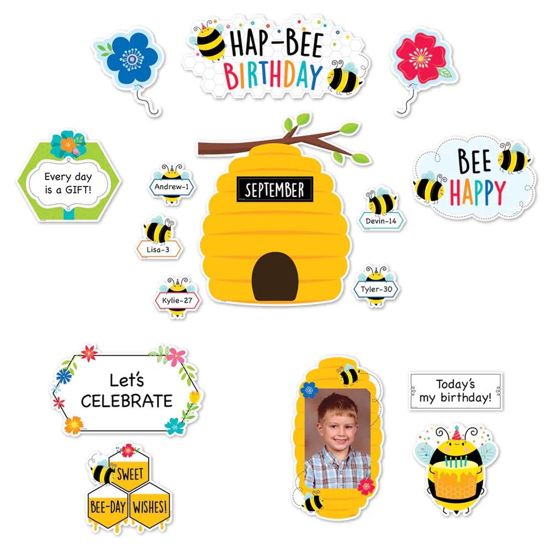 Pieces from the Busy Bees Birthday Bees Mini Bulletin Board Set By Creative Teaching Press