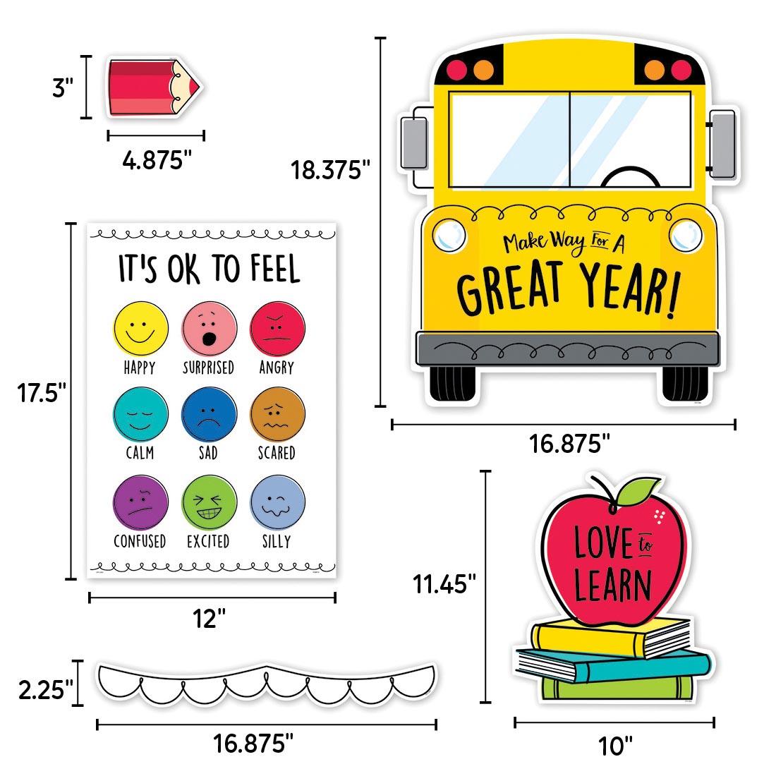 Five pieces of the Ready for School Bulletin Board Set from the Core Decor Collection By Creative Teaching Press labeled with their dimensions