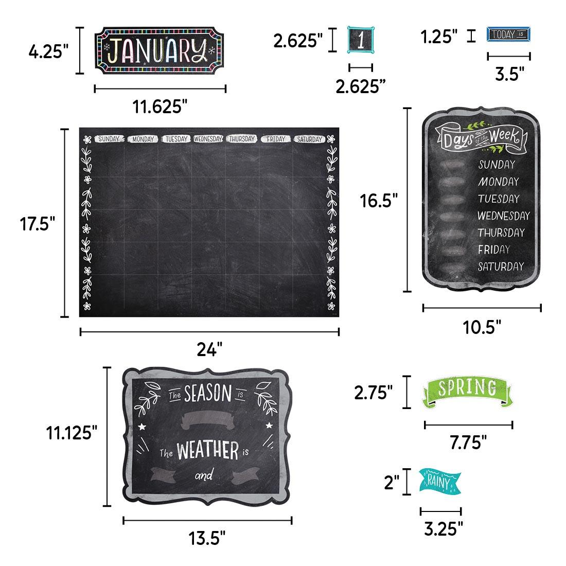 Eight pieces of the Calendar Bulletin Board Set from the Chalk It Up! Collection By Creative Teaching Press labeled with their dimensions