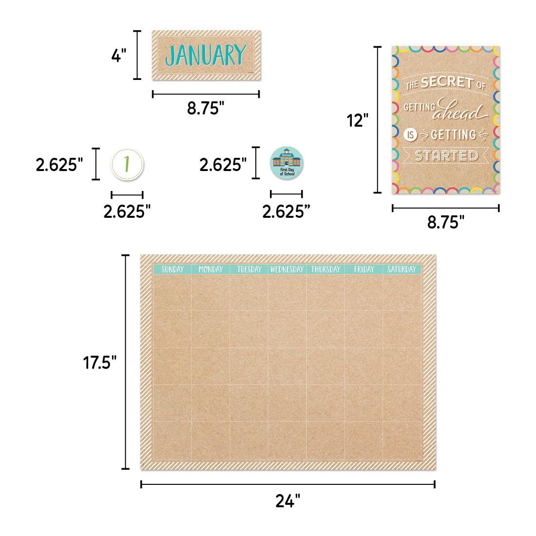 Five pieces of the Calendar Bulletin Board Set from the Krafty Pop Collection By Creative Teaching Press labeled with their dimensions