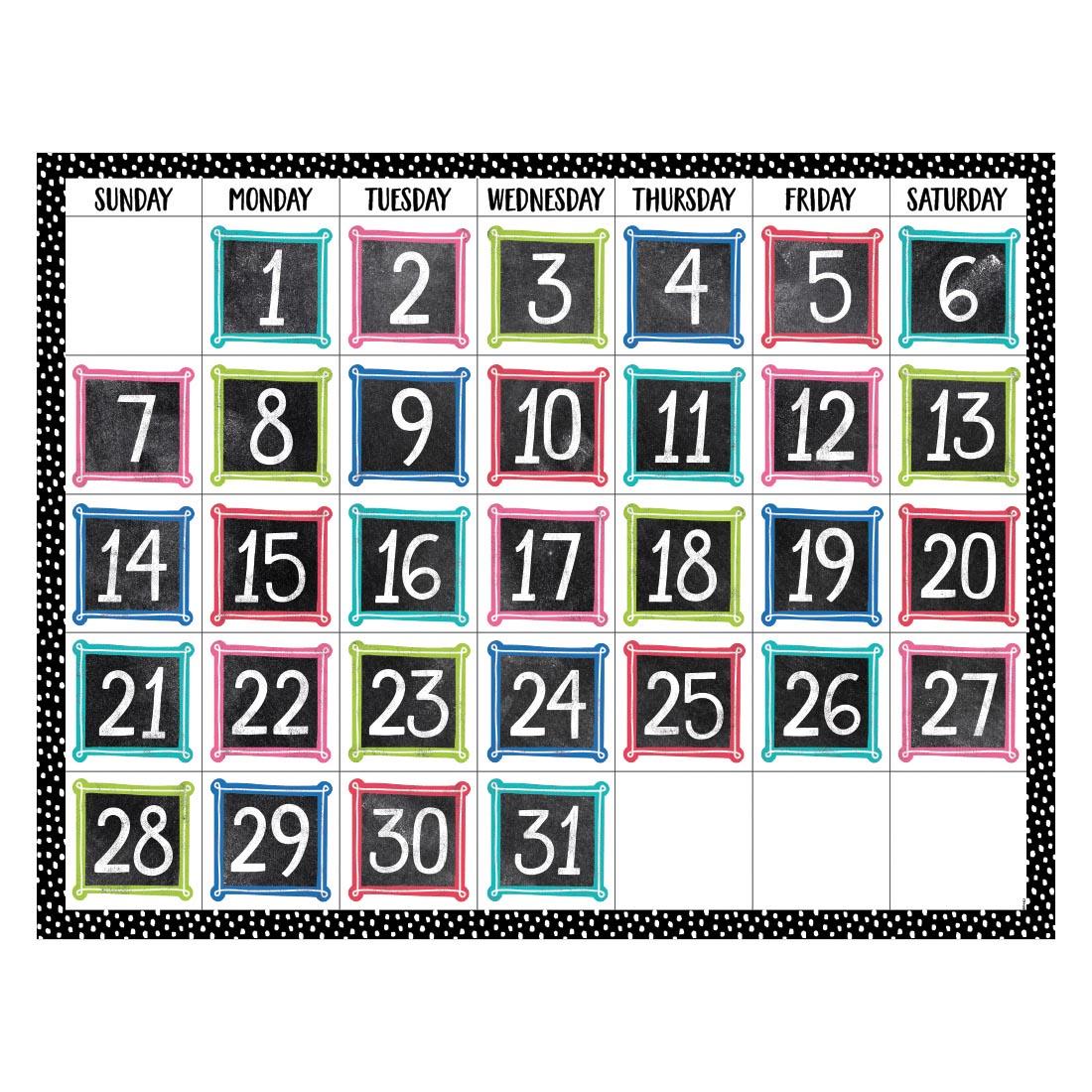 Colorful Chalk Calendar Days from the Chalk It Up! Collection By Creative Teaching Press shown on a calendar
