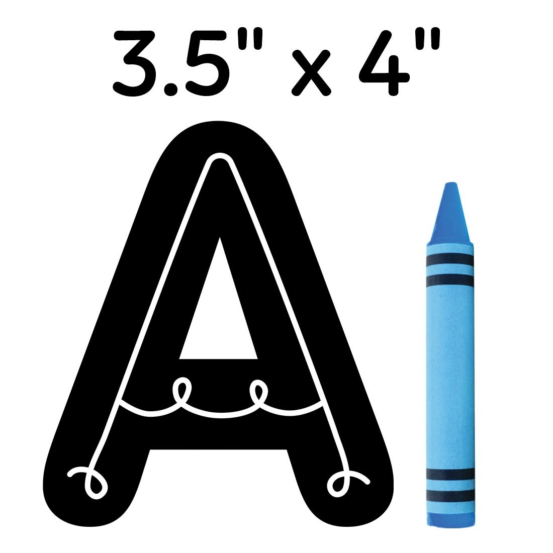 Capital A from the Loop-de-Loop 4" Designer Letters from the Core Decor Collection By Creative Teaching Press next to a crayon and labeled with 3.5" x 4"