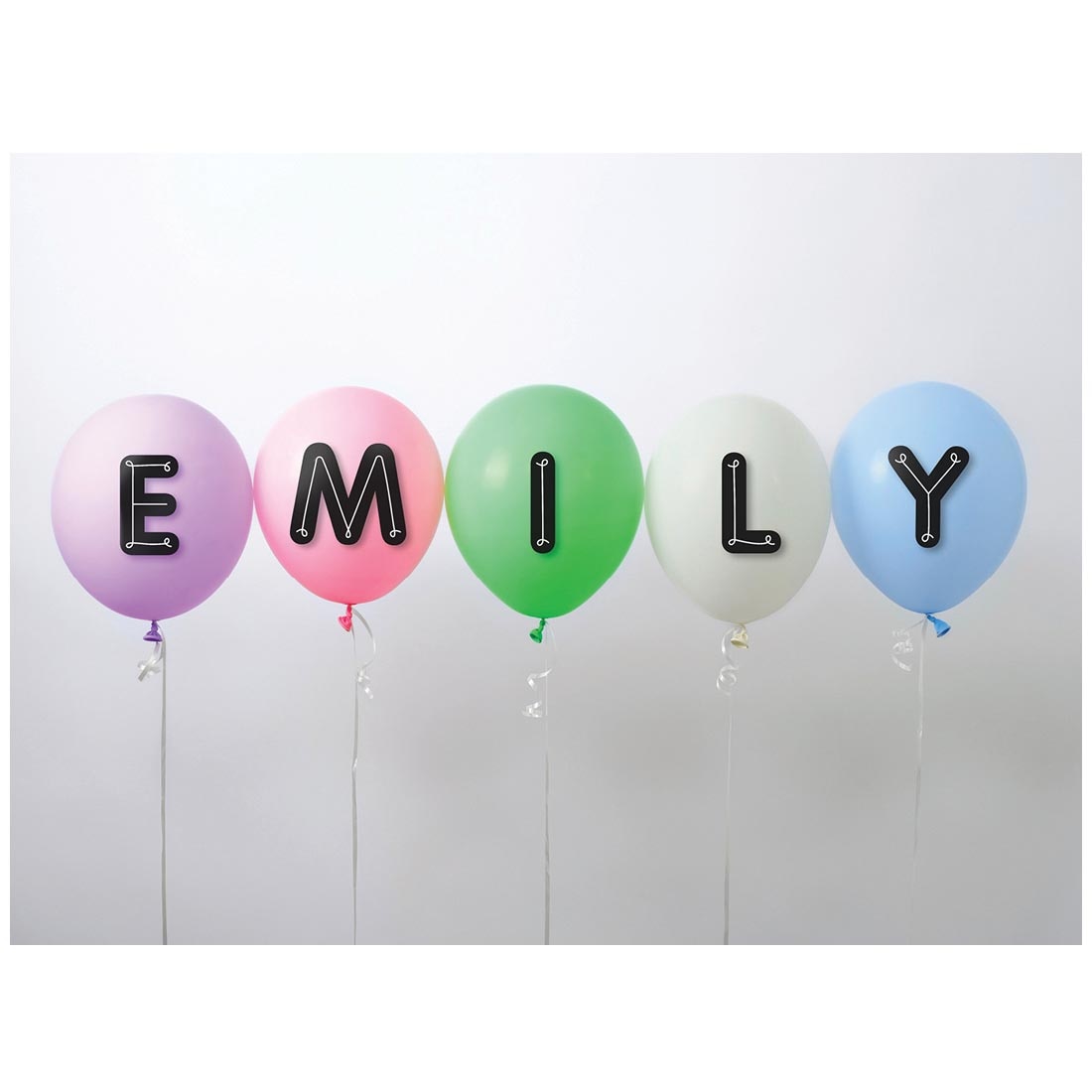 the name Emily spelled on balloons with Loop-de-Loop 4" Designer Letters from the Core Decor Collection By Creative Teaching Press