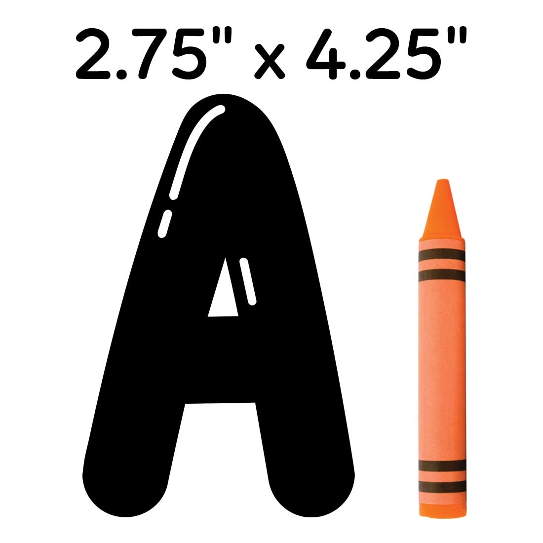 Capital A of the Bubble 4" Designer Letters from the Core Decor Collection By Creative Teaching Press next to a crayon with the text 2.75" x 4.25"
