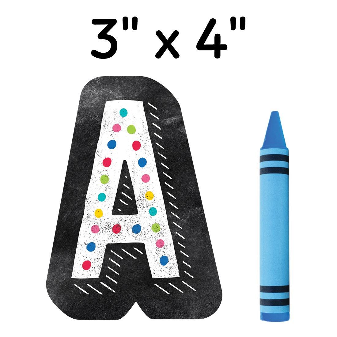 Capital A of the Colorful Chalk 4" Designer Letters from the Chalk It Up! Collection By Creative Teaching Press next to a crayon and the text 3" x 4"
