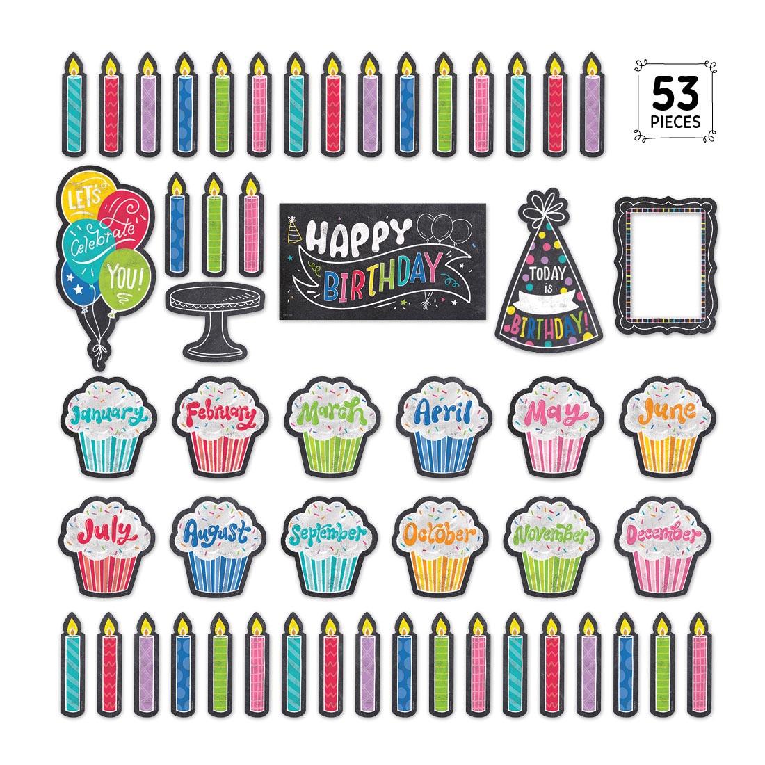 Happy Birthday Mini Bulletin Board Set from the Chalk It Up! Collection By Creative Teaching Press with the text 53 pieces