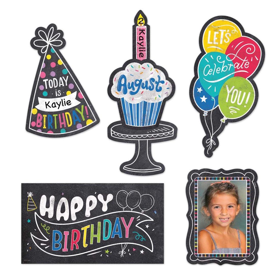 pieces of the Happy Birthday Mini Bulletin Board Set from the Chalk It Up! Collection By Creative Teaching Press shown in use with a child's picture