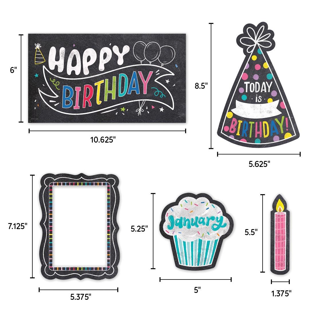 Five pieces of the Happy Birthday Mini Bulletin Board Set from the Chalk It Up! Collection By Creative Teaching Press labeled with their dimensions