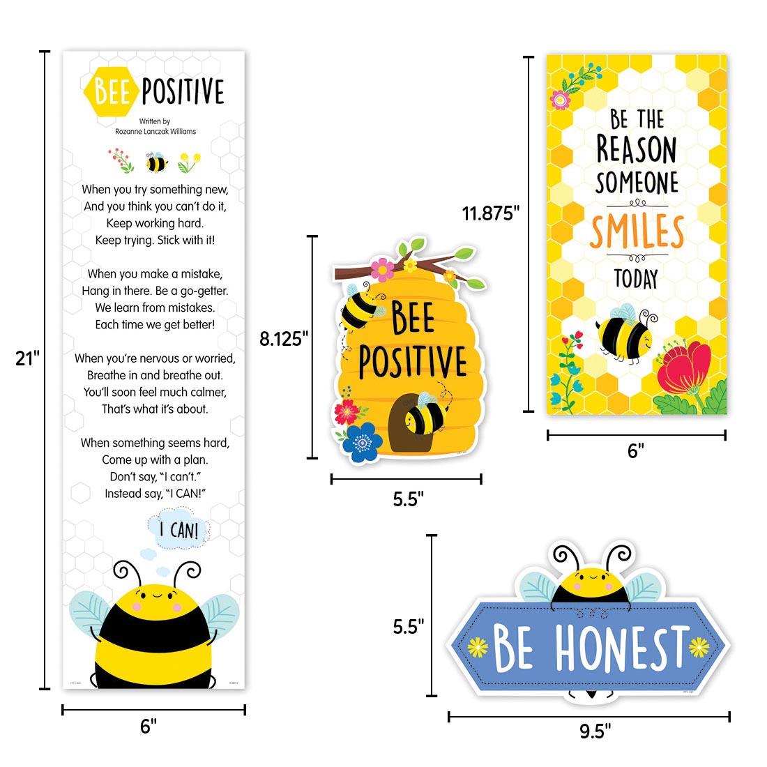 Four pieces from the Bee Positive Mini Bulletin Board Set from the Busy Bees Collection By Creative Teaching Press labeled with their dimensions