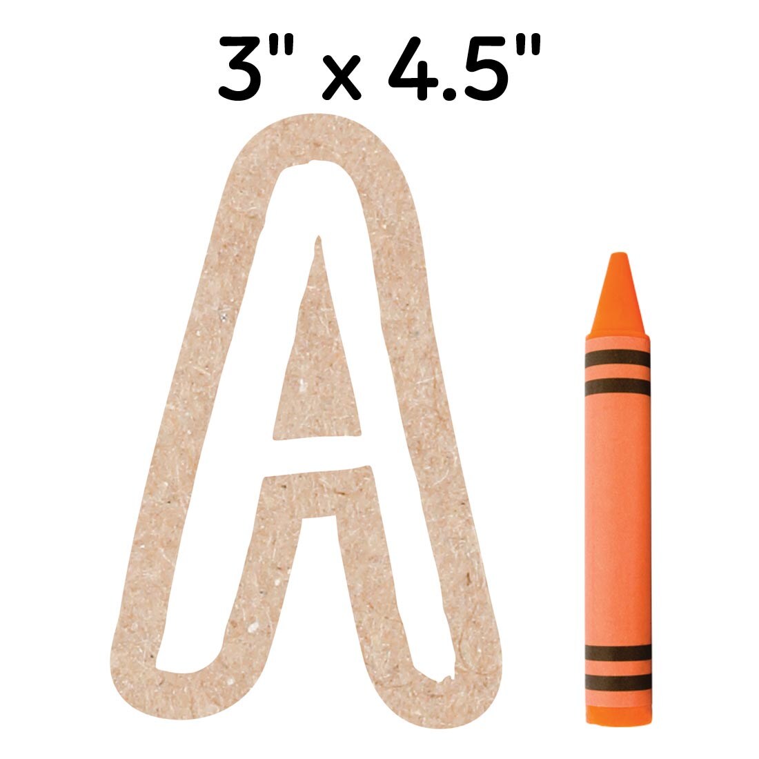 Capital A from the 4" Designer Letters from the Krafty Pop Collection By Creative Teaching Press beside a crayon and with text 3" x 4.5"