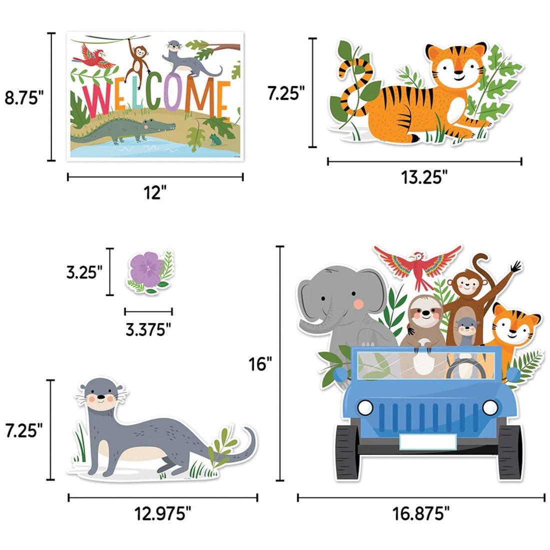 pieces from the Bulletin Board Set from the Jungle Friends collection by Creative Teaching Press labeled with their measurements