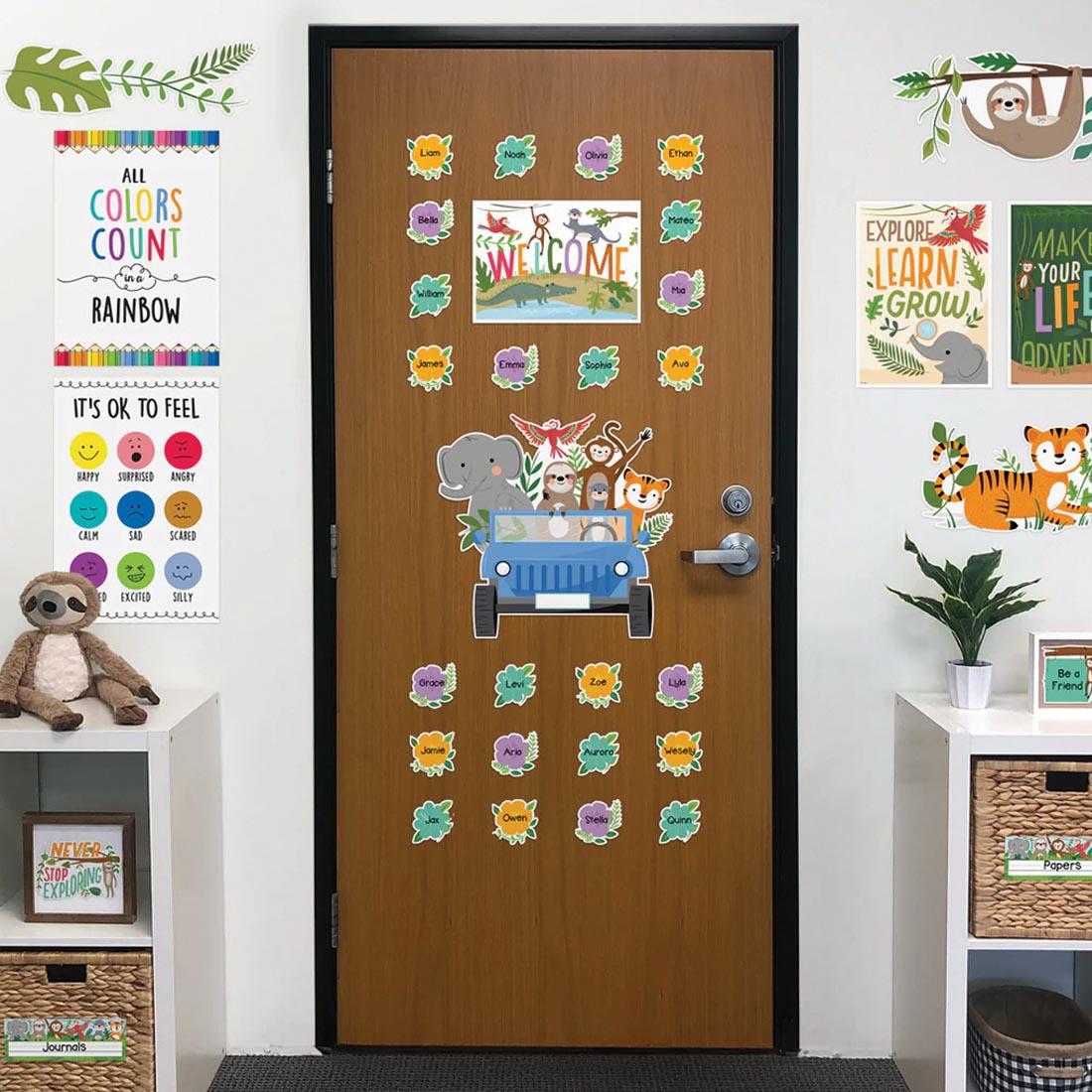 Bulletin Board Set from the Jungle Friends collection by Creative Teaching Press being used to decorate a door