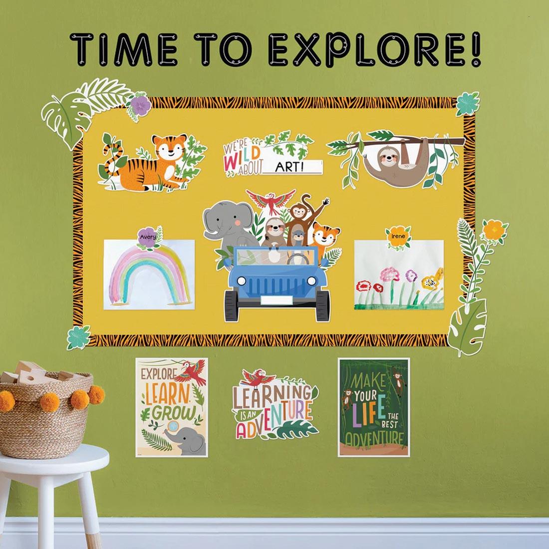 bulletin board decorated with Bulletin Board Set from the Jungle Friends collection by Creative Teaching Press