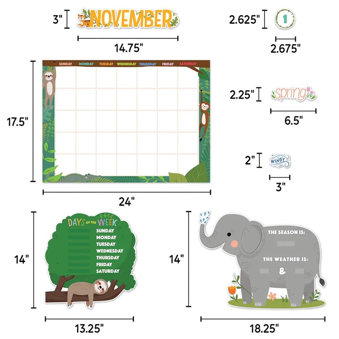 pieces from Calendar Bulletin Board Set from the Jungle Friends collection by Creative Teaching Press labeled with their measurements