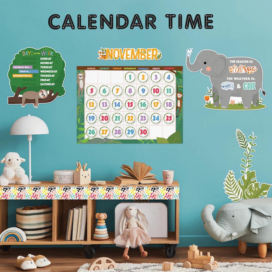 wall decorated with Calendar Bulletin Board Set from the Jungle Friends collection by Creative Teaching Press