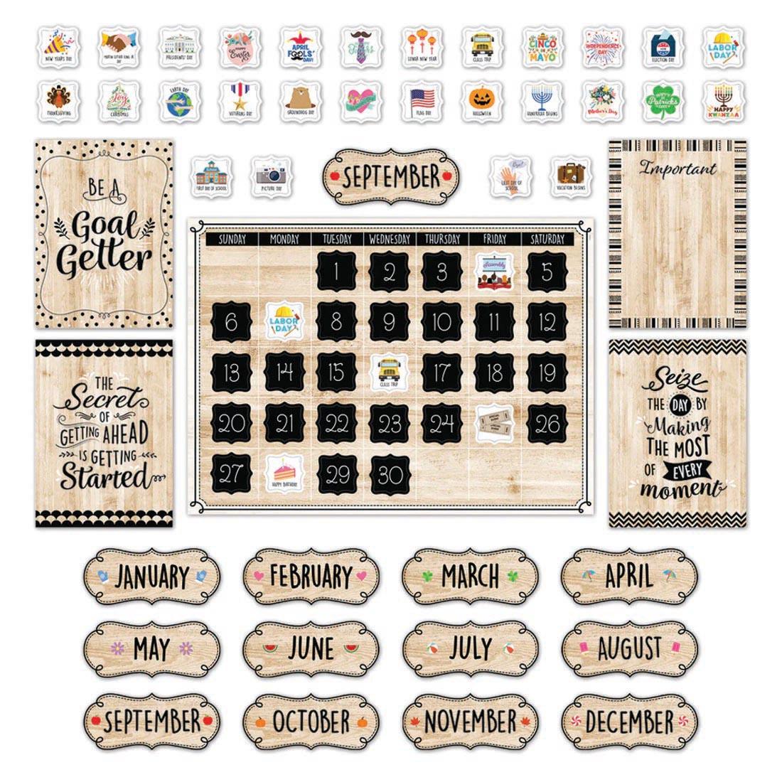 Black, White, and Wood Calendar Bulletin Board Set from the Core Decor collection by Creative Teaching Press