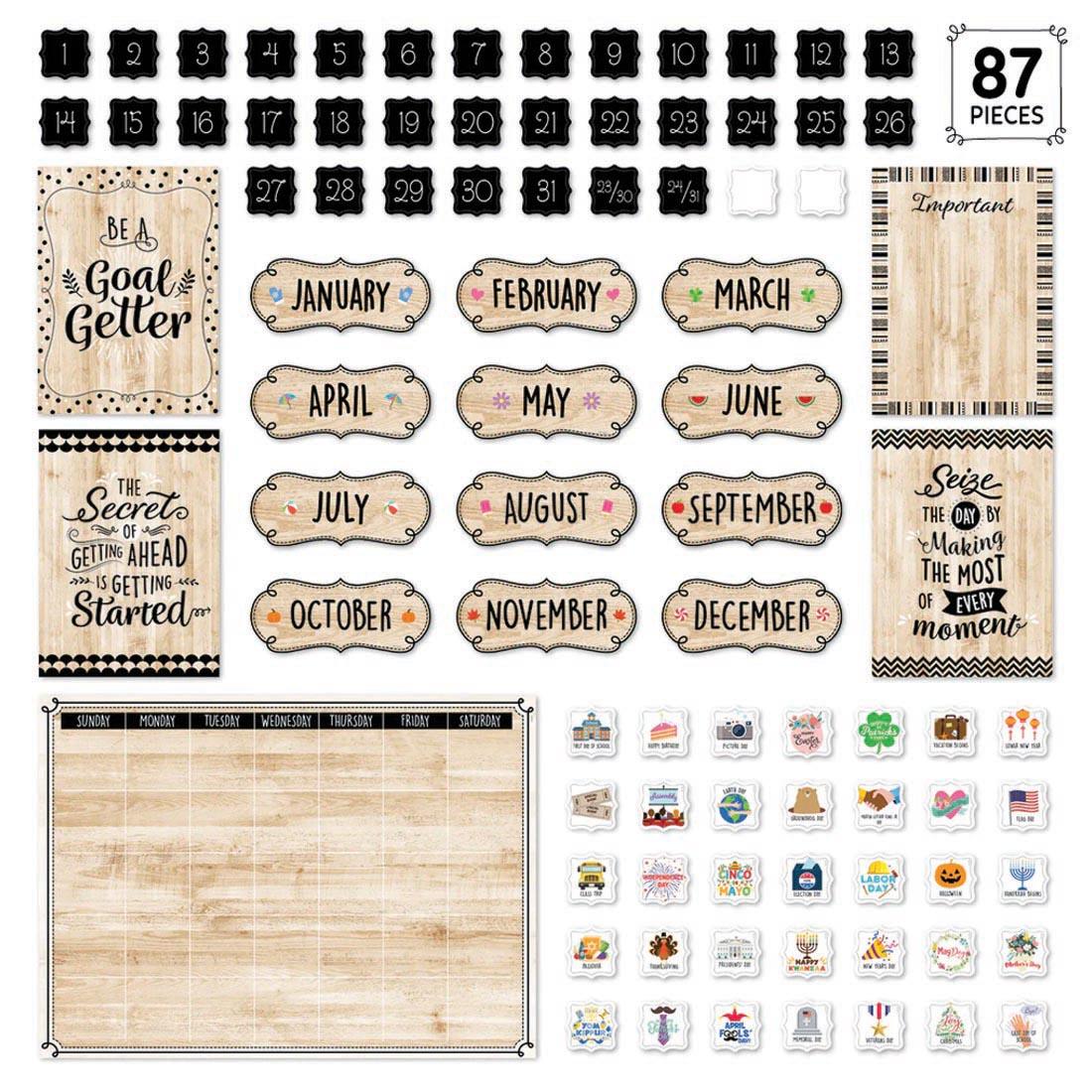 Black, White, and Wood Calendar Bulletin Board Set from the Core Decor collection by Creative Teaching Press with the text 87 PIECES