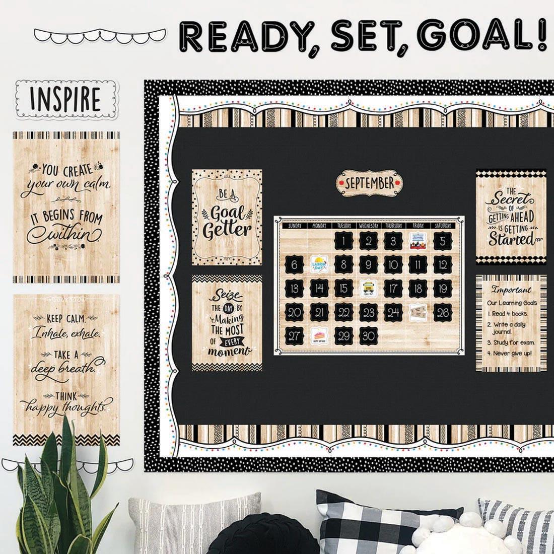 wall decorated with Black, White, and Wood Calendar Bulletin Board Set from the Core Decor collection by Creative Teaching Press