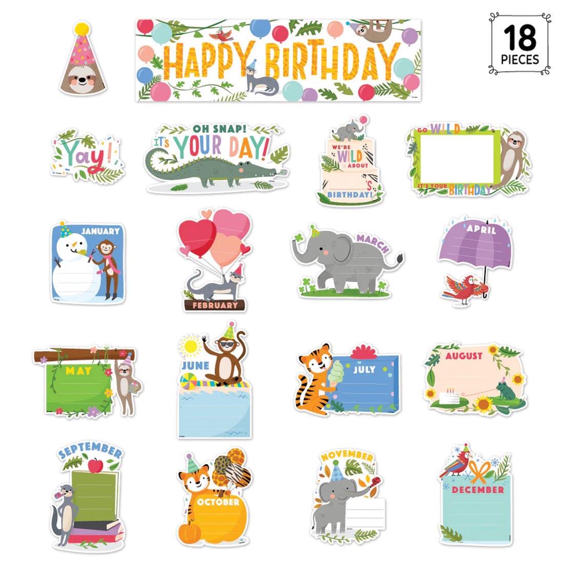 Happy Birthday Mini Bulletin Board Set from the Jungle Friends collection by Creative Teaching Press with the text 18 PIECES