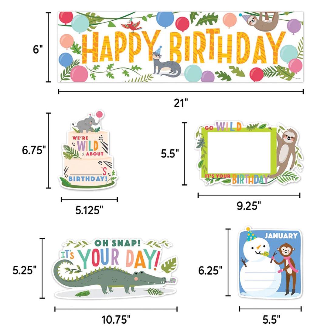 pieces from Happy Birthday Mini Bulletin Board Set from the Jungle Friends collection by Creative Teaching Press labeled with their measurements