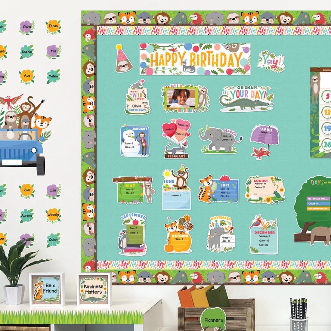 bulletin board decorated with Happy Birthday Mini Bulletin Board Set from the Jungle Friends collection by Creative Teaching Press