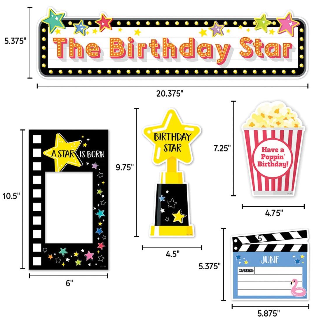 pieces from Happy Birthday Mini Bulletin Board Set from the Star Bright collection by Creative Teaching Press labeled with their measurements