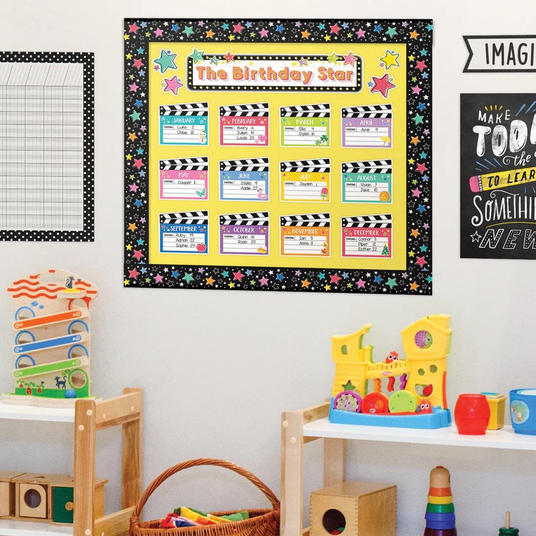 Happy Birthday Mini Bulletin Board Set from the Star Bright collection by Creative Teaching Press in use on a wall