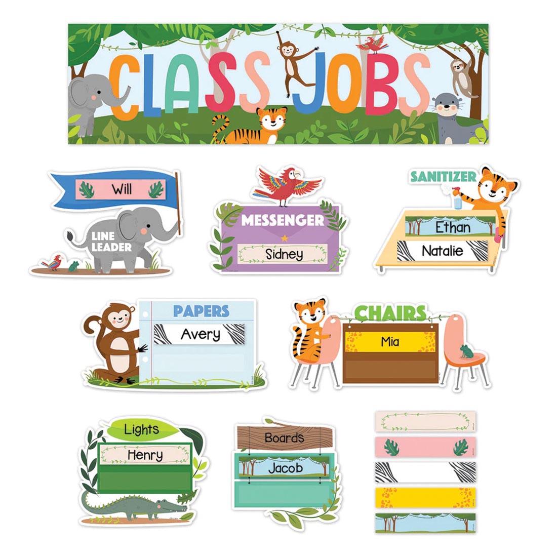 Class Jobs Mini Bulletin Board Set from the Jungle Friends collection by Creative Teaching Press with student names written in