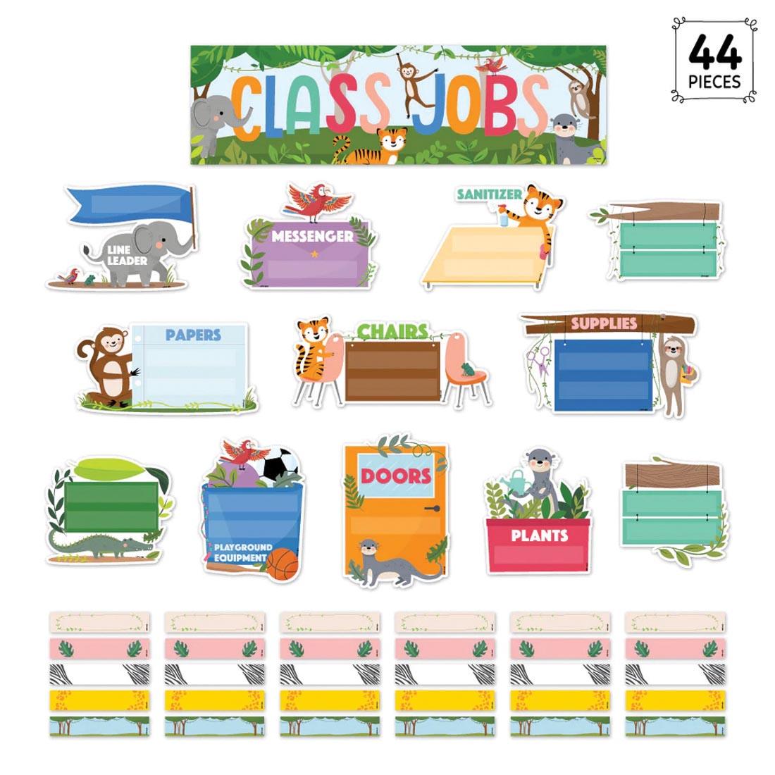 Class Jobs Mini Bulletin Board Set from the Jungle Friends collection by Creative Teaching Press with the text 44 PIECES