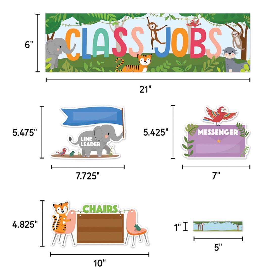 pieces from Class Jobs Mini Bulletin Board Set from the Jungle Friends collection by Creative Teaching Press labeled with their measurements