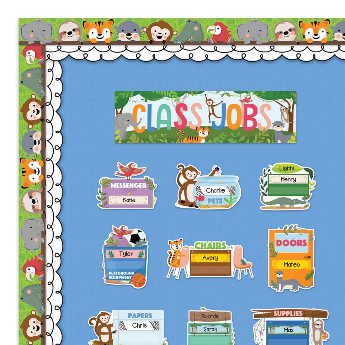 bulletin board decorated with Class Jobs Mini Bulletin Board Set from the Jungle Friends collection by Creative Teaching Press