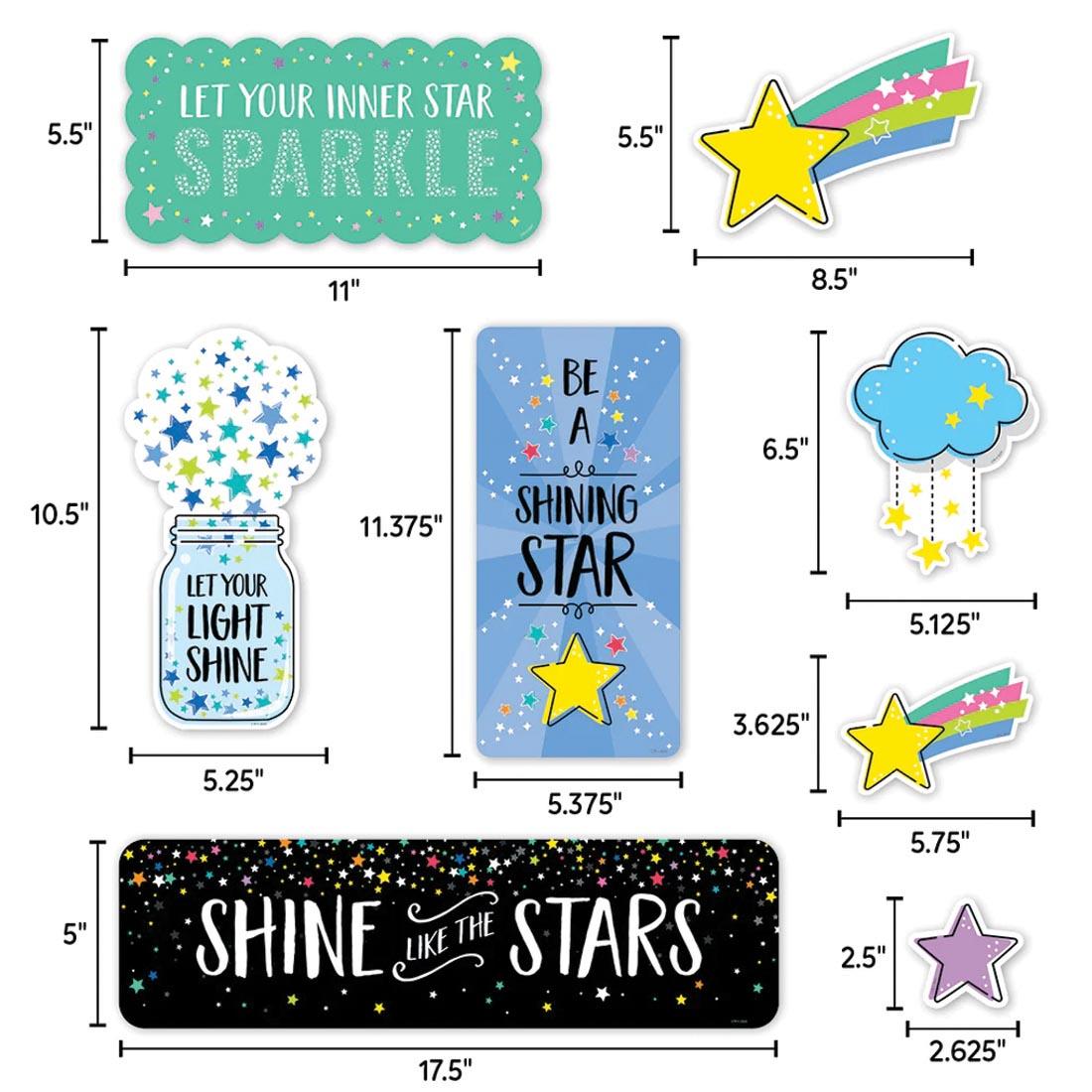 pieces from the Positive Thinking Mini Bulletin Board Set from the Star Bright collection by Creative Teaching Press labeled with their measurements