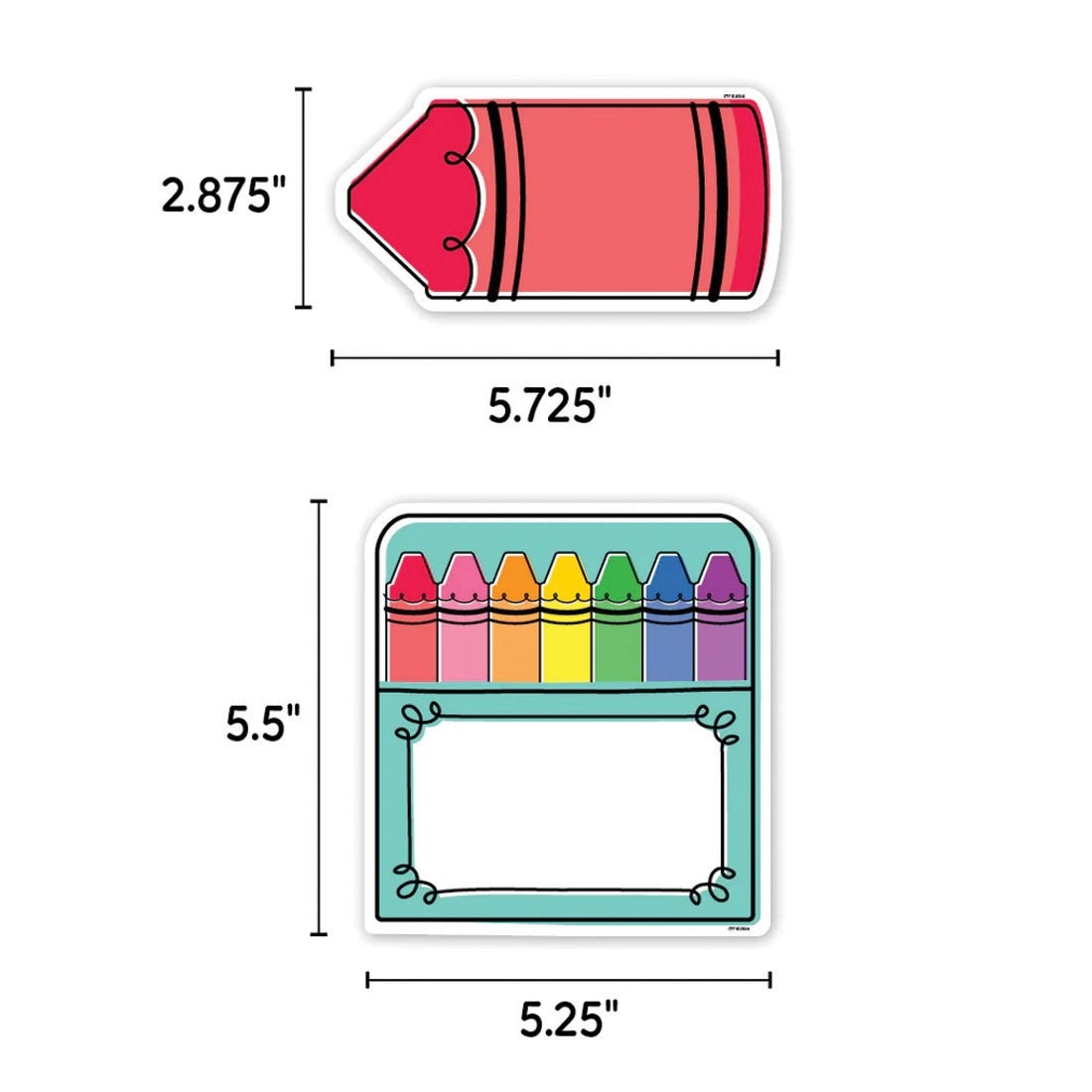 Doodle Crayon and Crayon Box Designer Cut-Outs from the Core Decor collection by Creative Teaching Press; each labeled with their measurements