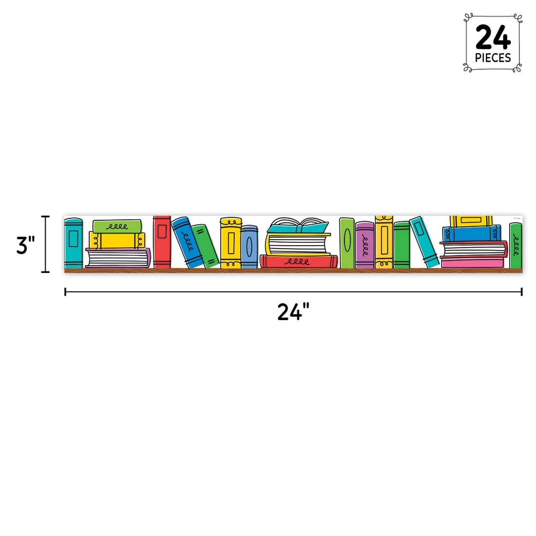 full strip of Doodle Bookshelf EZ Border from the Core Decor collection by Creative Teaching Press labeled with measurements 3" and 24" plus text 24 Pieces