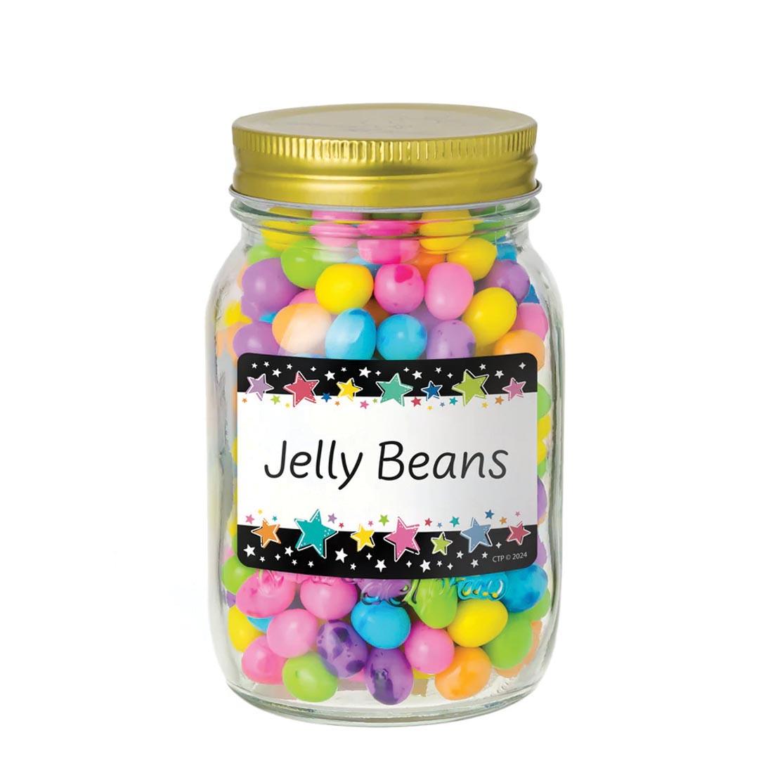 jar of jelly beans labeled with a Colorful Stars on Black Label from the Star Bright collection By Creative Teaching Press