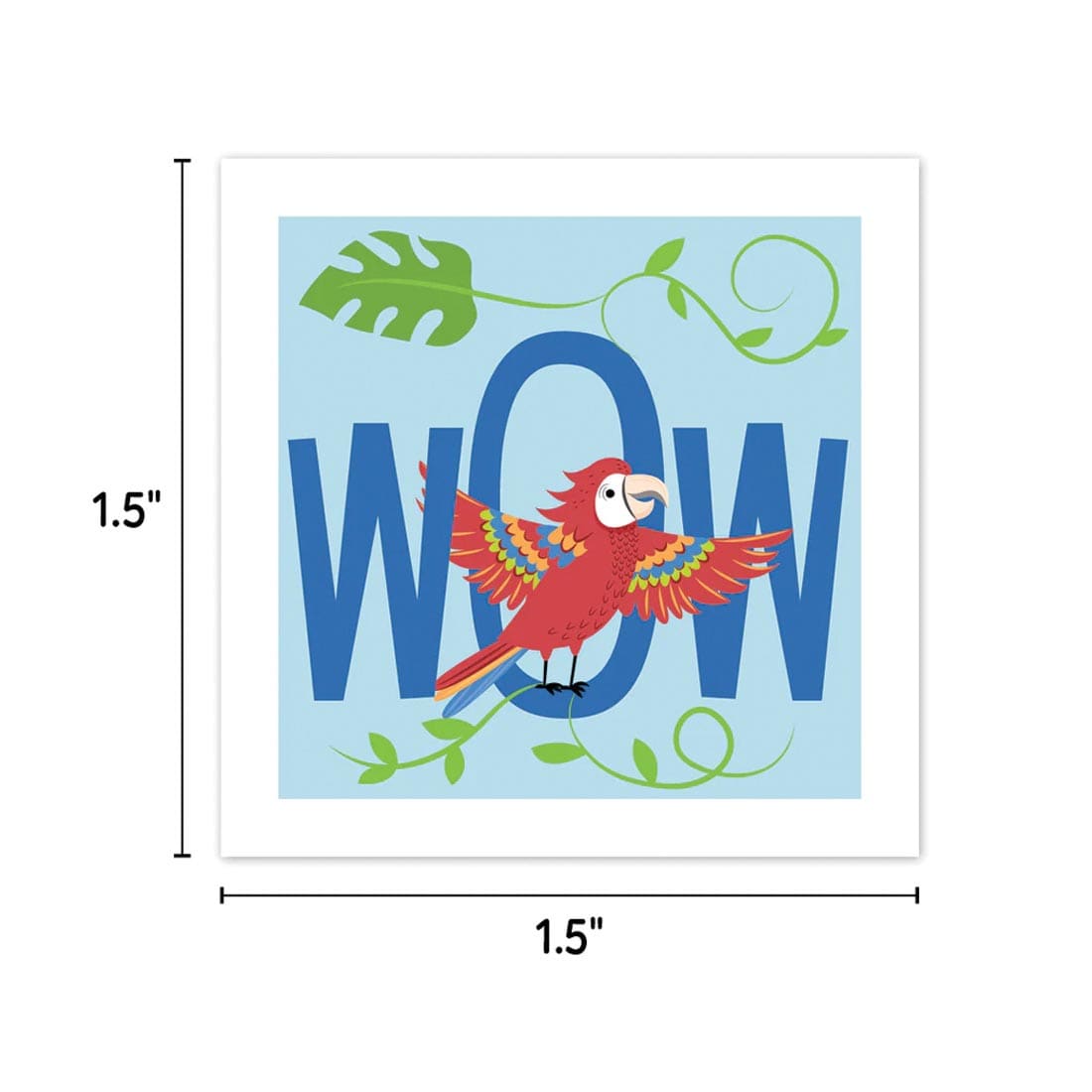 A Wow Reward Sticker from the Jungle Friends collection by Creative Teaching Press labeled with the measurements 1.5" x 1.5"
