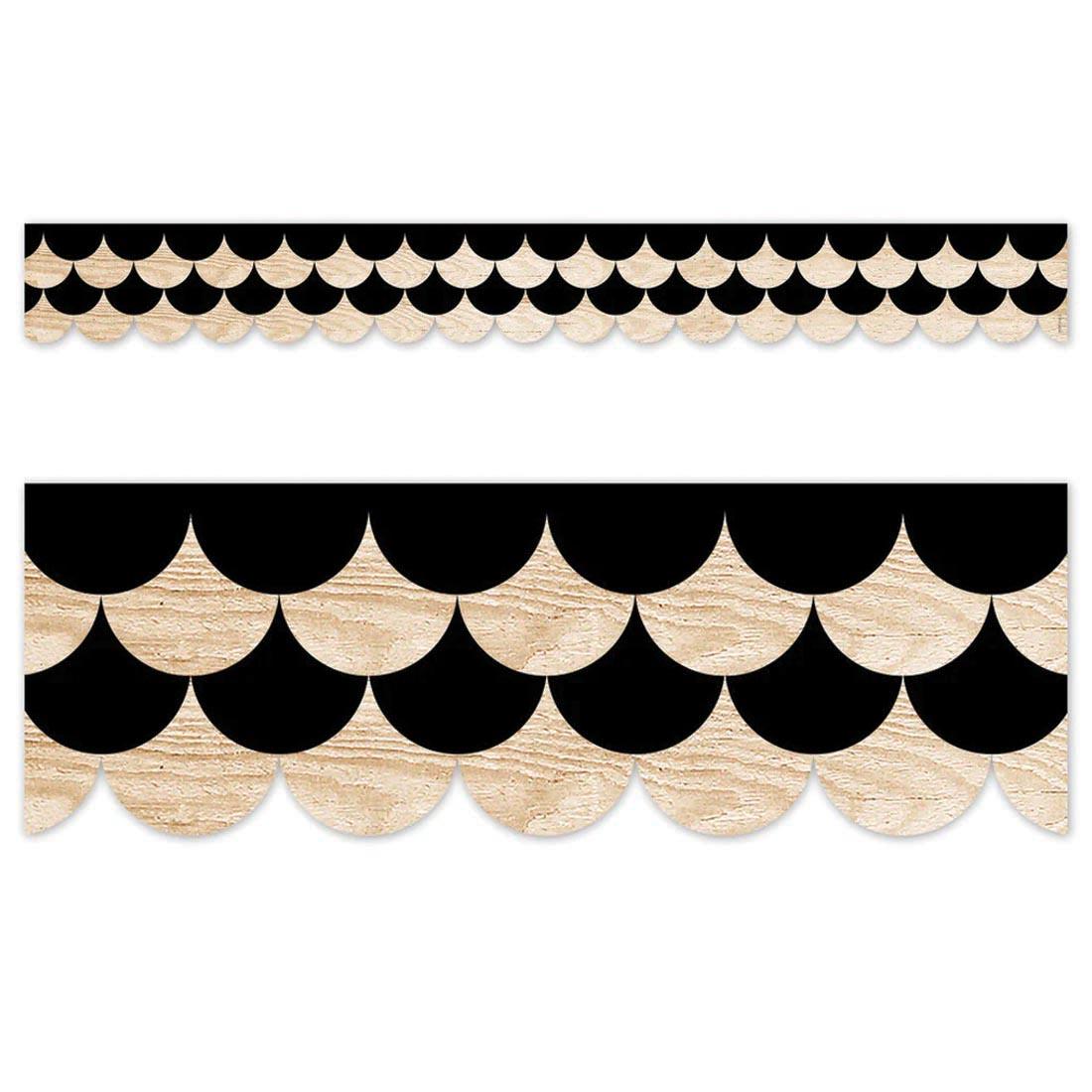 Closeup and full strip of Black And Wood Scallops EZ Border from the Core Decor collection by Creative Teaching Press