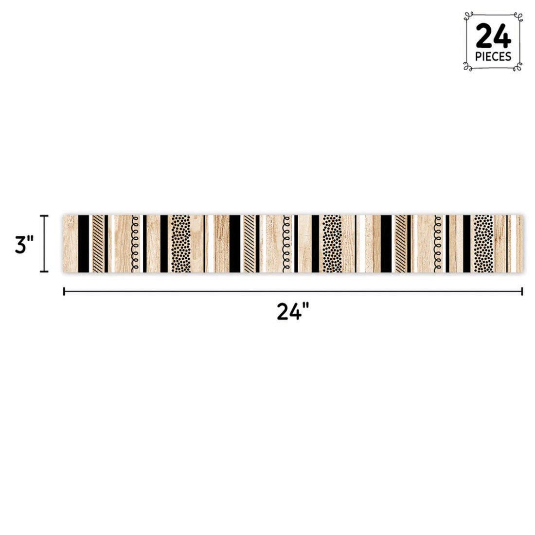 strip of Stripes And Doodles On Wood Border from the Core Decor collection by Creative Teaching Press labeled with the measurements 3" x 24" and the text 24 Pieces