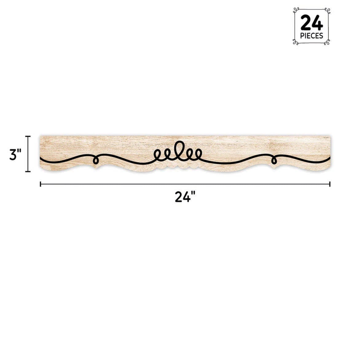 strip of Loop-de-Doodle on Wood EZ Border from the Core Decor collection by Creative Teaching Press labeled with the measurements 3" x 24" and the text 24 Pieces